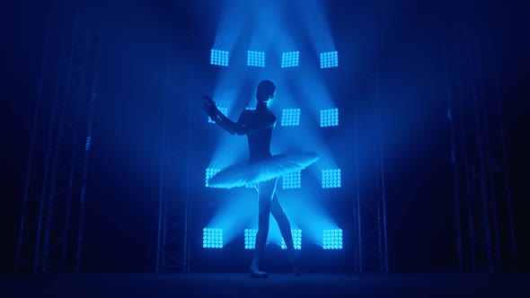 Graceful Silhouette Ballerina Doing a Workout in the Classroom. Smoke in the Rays of Blue Light