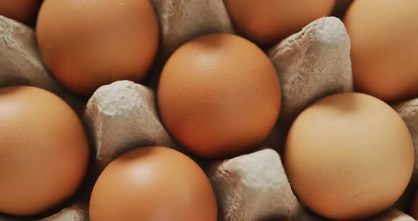 Video of close up of brown eggs in egg carton background