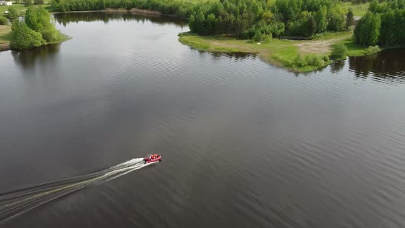 Motor speed boat on the lake. View from above