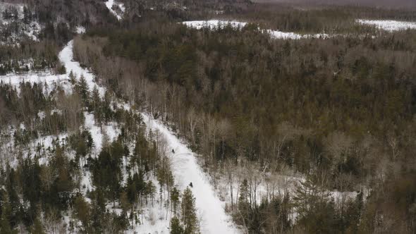 Aerial view flying over snowmobiles on snow covered road in wilderness