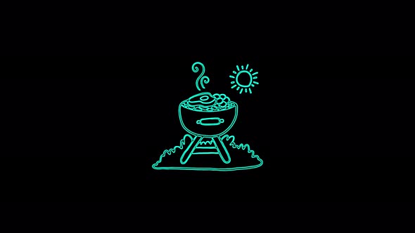 Neon line Barbecue grill icon isolated on black background. BBQ grill party.