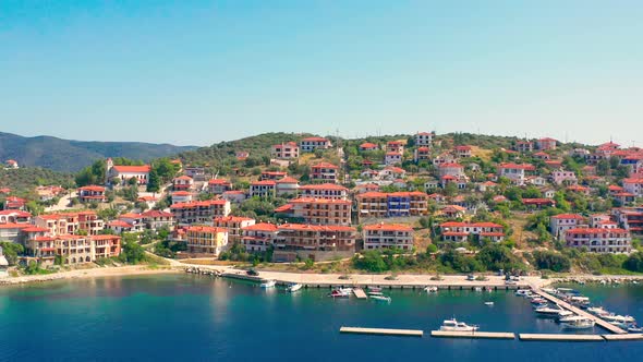 Aerial view A small resort town on the Ionian coast of Greece.