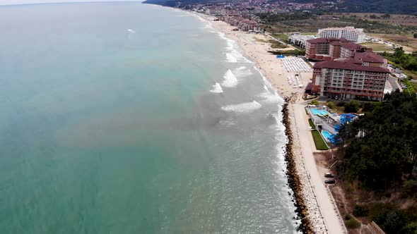 Aerial footage of the beautiful town known as Obzor in Bulgaria showing the coastal walk