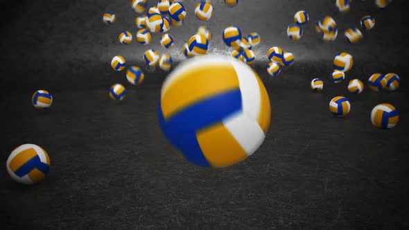 Mini volleyball balls bouncing invasion in the dark gray environment. HD