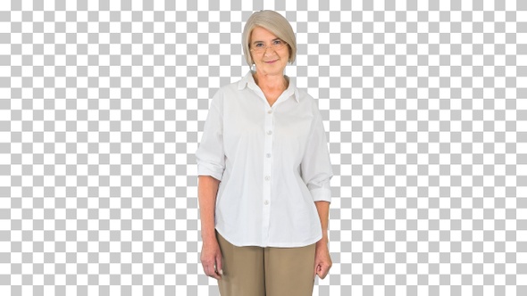 Happy Senior Woman in White Shirt Smiling to Camera, Alpha Channel