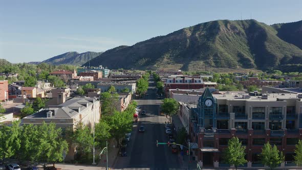 Low flying aerial view over downtown Durango, Colorado