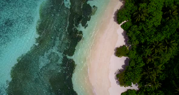 Daytime flying island view of a sunshine white sandy paradise beach and aqua blue ocean background i