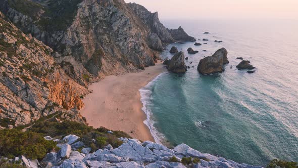  Scenic View of Praia Da Ursa Beach in Sintra, Portugal in Sunset Golden Hour Light