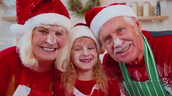 POV of Senior Grandparents with Grandchild Girl Taking Selfie on Mobile Phone on Christmas Kitchen