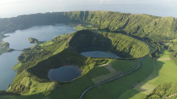 Aerial View of Volcanic lake Lagoa de Santiago, Candelaaria, Azores, Portugal.