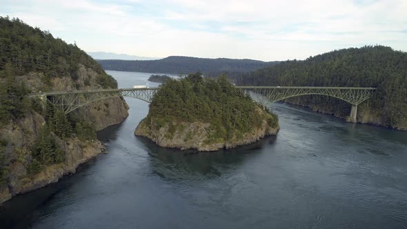 Helicopter Film Revealing Washington State Landmark Bridge Over Puget Sound