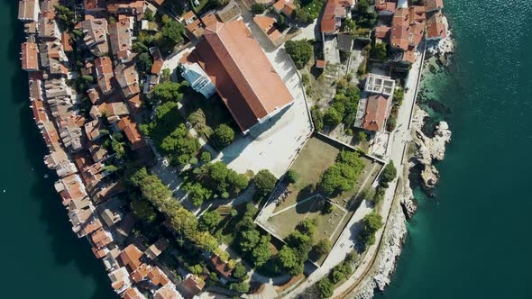 Aerial view of Rovinj old town facing the Adriatic Sea in Istria, Croatia.