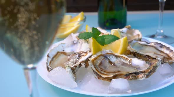 Panorama From Champagne Glass to a Plate Full of Fresh Open Delicious Oysters