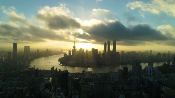 Aerial view of Shanghai skyline with skyscrapers, China.