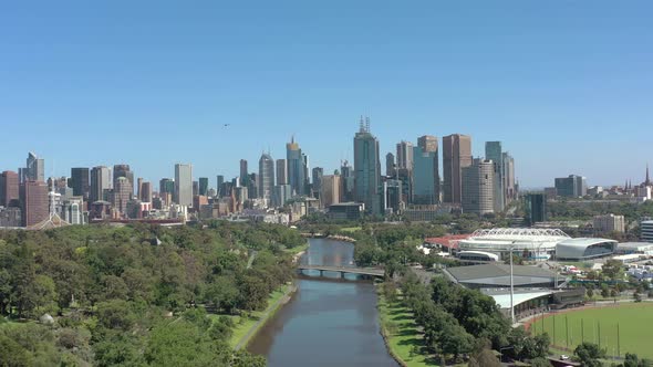 Melbourne City Australia and Yarra River Aerial Reveal