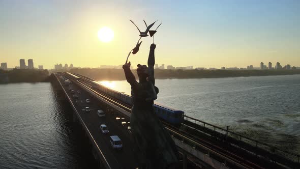 Metro Bridge in the Morning at Sunrise in Kyiv, Ukraine. Dnipro Station