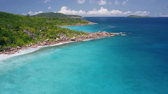 Aerial Footage of Amazing Tropical Coastline of Unique Paradise La Digue Island