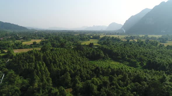 Natural landscapes around the city of Vang Vieng in Laos seen from the sky