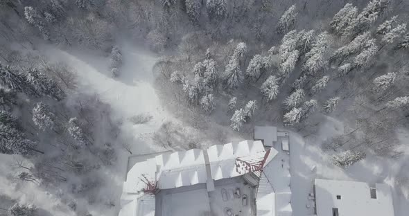 Aerial overhead shot of snowy building and forest