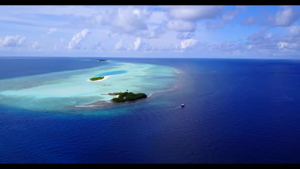 Aerial travel of beautiful coastline beach wildlife by blue green ocean and white sand background of