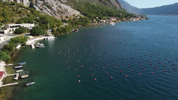 Aerial view on Oyster farm in the Adriatic sea. Kotor Bay, Montenegro. Fresh high quality seafood