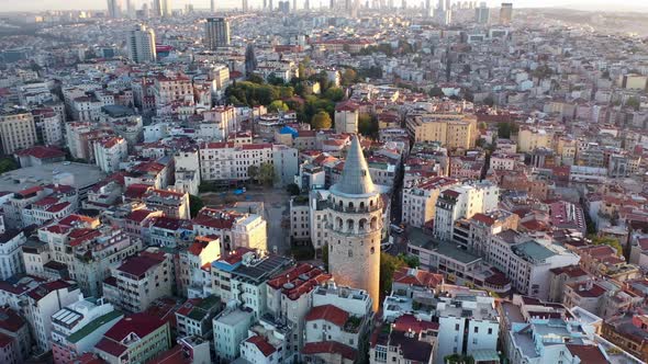 4k footage of bosphorus in the sunset having galata tower in the middle 
