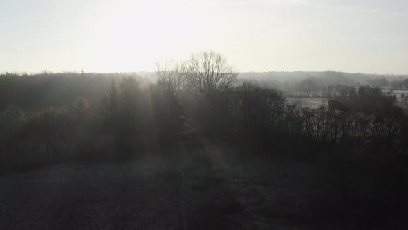 early morning winter landscape with trees and frost-covered fields, camera is rising high, rays of s