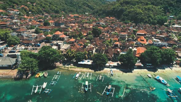 Fast Aerial Flight Over Crystal Ocean Harbor Bay