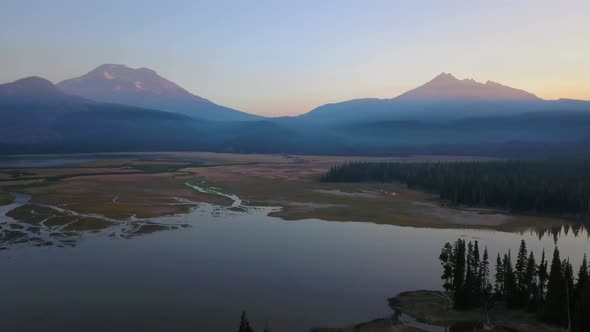 Early morning aerial view of Sparks Lake, Oregon