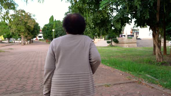 senior woman walking with walking stick in the park