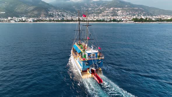 The Pirates yacht calls at the port aerial view 4 K Turkey Aanya