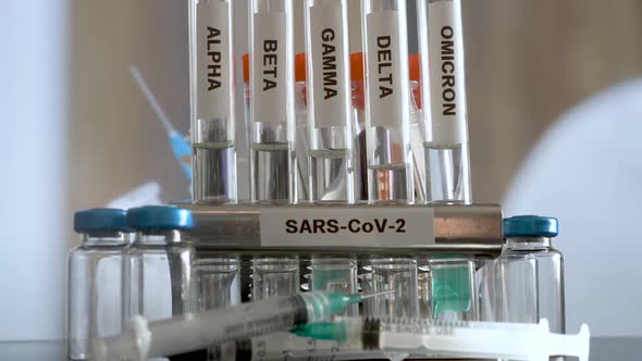 SARS COV 2 Test Tubes Labelled Alpha Gamma Delta Beta And Omicron Variants In Rack. Slow Zoom In