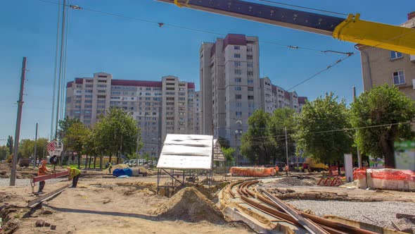 Yellow Construction Telescopic Crane Moving Tram Rails Timelapse