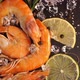 Top View of Fresh Prawns in Ice Rotates on Black Tray - VideoHive Item for Sale
