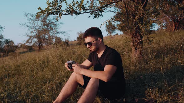 Closeup Hands Mature Male Photographer Holding Camera Old Film