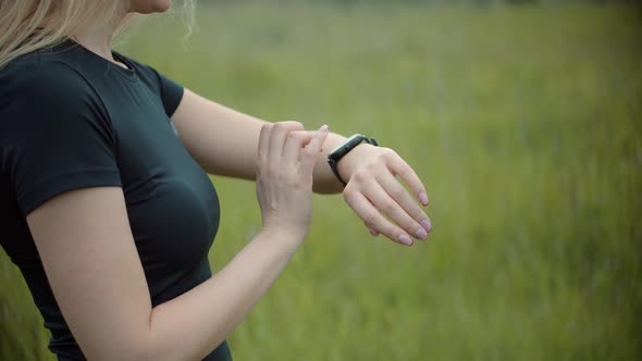 Heart Rate Smart Watch. Runner Checking Pulse On Smartwatch On Recreation Running Workout.