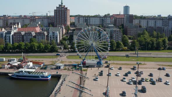 Backwards Reveal of Waterfront in Town