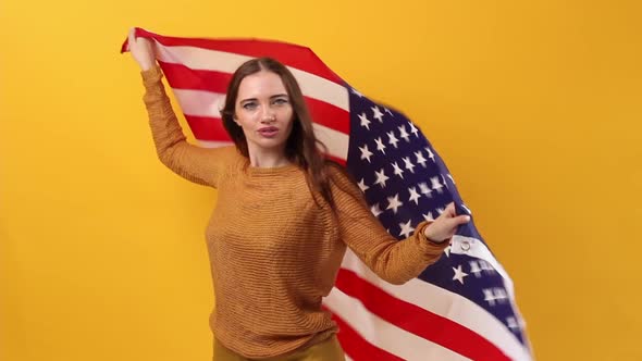 Beautiful Woman Patriot Caucasian Nationality Cute Smiling Waving USA Flag