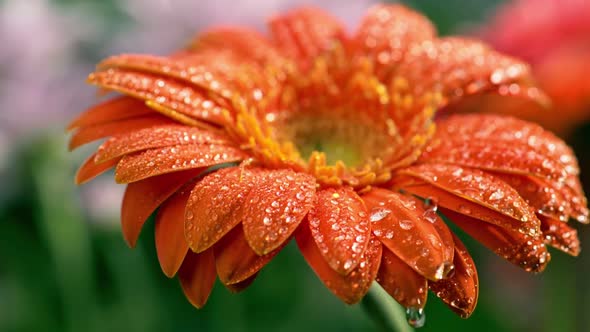 Macro Shot of Orange Gerbera, Water Drops Falling From Above Onto Petals of the Flower