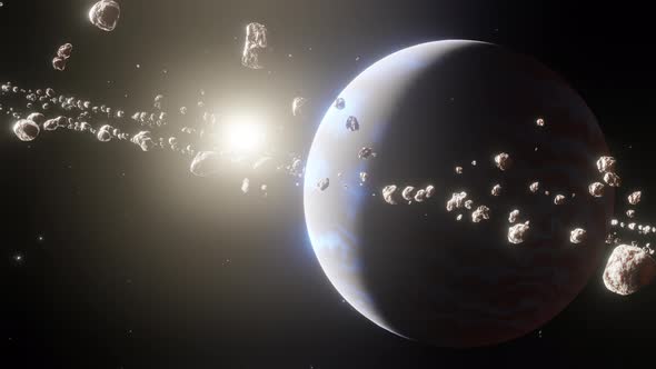 A planet in space with an asteroid belt and a distant bright star.