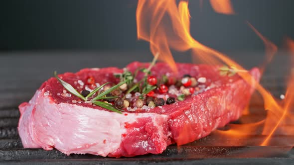 Super Slow Motion Shot of Fresh Beef Meat and Seasoning Falling on Grill at 1000 Fps