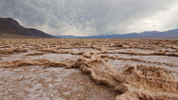 Badwater Basin, Death Valley National Park. California, USA. Steadicam Shot of Salt Crust Formations