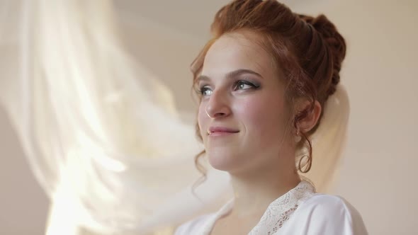 Beautiful and Lovely Bride in Night Gown and Veil. Wedding Morning. Slow Motion