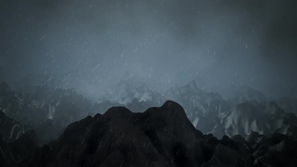 Flight over a mountain landscape during a blizzard with lightning streaks.