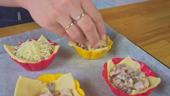 the Chef Makes Pies Stuffed with Ham and Mushrooms and Cheese on Top