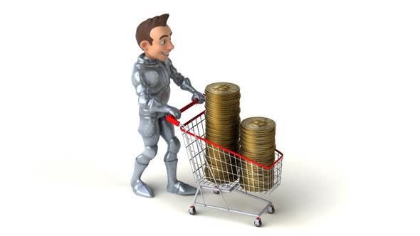Fun 3D cartoon knight shopping with bitcoins
