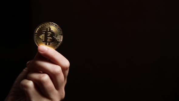Woman Hand Holding Cryptocurrency Golden Bitcoin Coin Ondark Background
