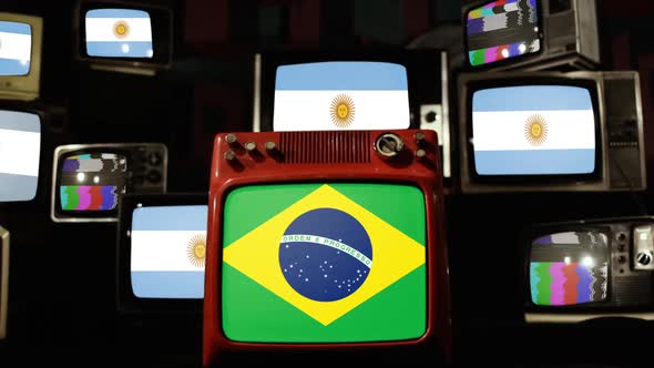 Flags of Argentina and Flag of Brazil on Retro TVs.