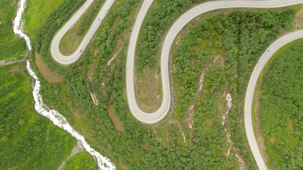 Serpentine Road In Stryn Norway Mountains At Daytime - aerial top down