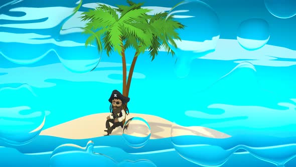 A small Caribbean island with a lonely pirate resting under palm trees.
